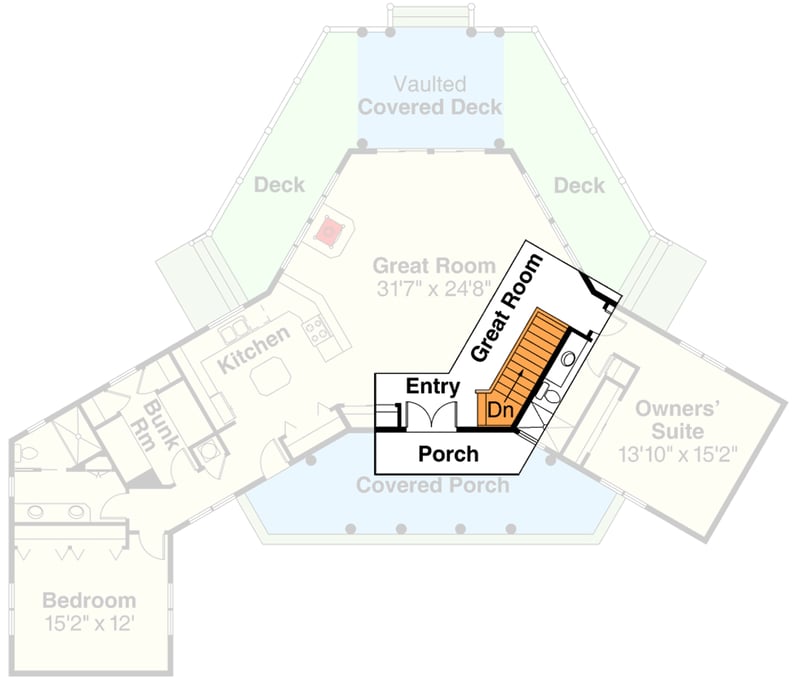 Plan 72267DA: Vacation Home Plan with Panoramic Rear View - Floor Plan - Main Level - Basement Stairs Location - Country, Ranch
