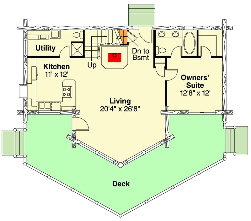 Plan 72321DA: Rustic Log Cabin House Plan with 2 Bedrooms and Wraparound Deck - Floor Plan - Main Level - Log Cabin, Mountain, Rustic, Vacation