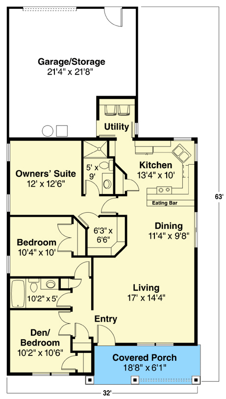 Plan 72371DA: Slender Single-Story Bungalow - Floor Plan - Main Level - Cottage, Craftsman