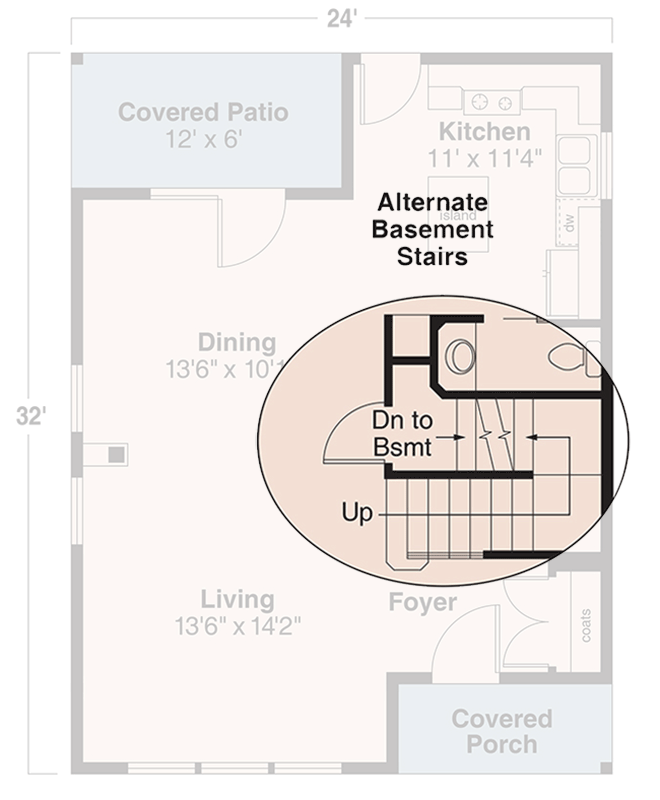 Plan 72372DA: Compact Narrow Two-Story House Plan with Clustered Bedroom Layot - 1331 Sq Ft - Floor Plan - Main Level - Basement Stairs Location - Country, Traditional