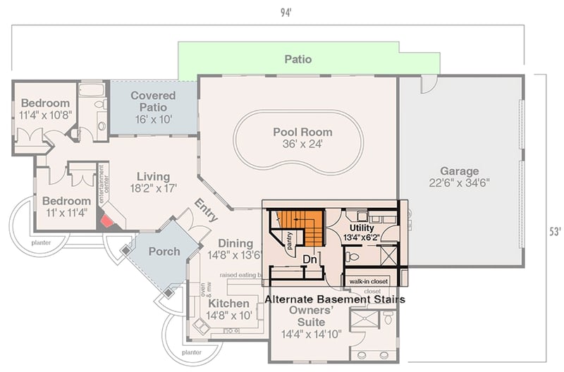 Plan 72402DA: Striking Single-Story House Plan with Indoor Pool - Floor Plan - Main Level - Basement Stairs - Country, Craftsman, Ranch