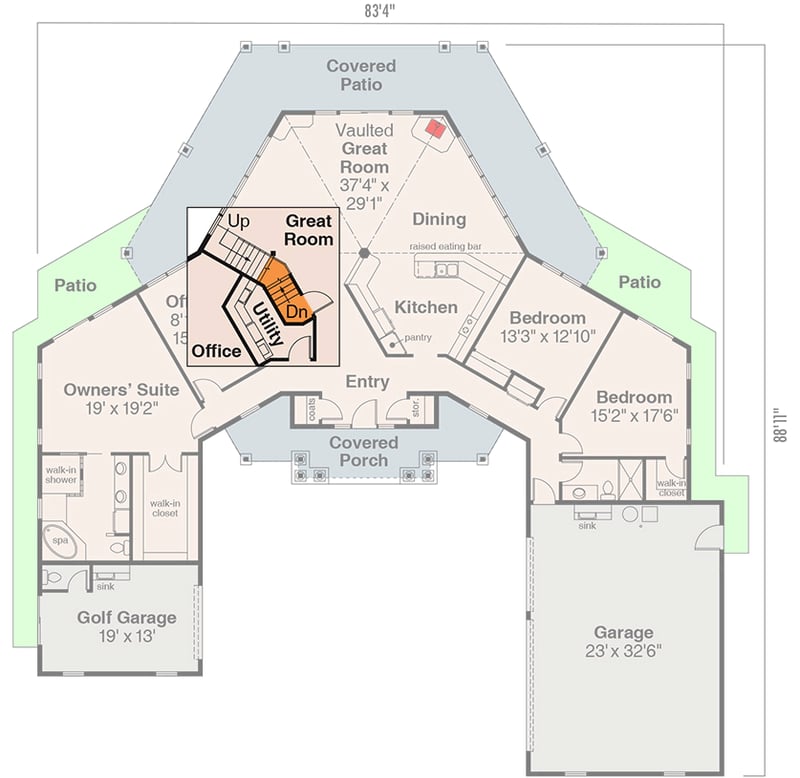 Plan 72497DA: Elegant Contemporary Southern House Plan with Two-Story Great Room and Golf Garage - Floor Plan - Basement Stairs Location - Contemporary, Southern