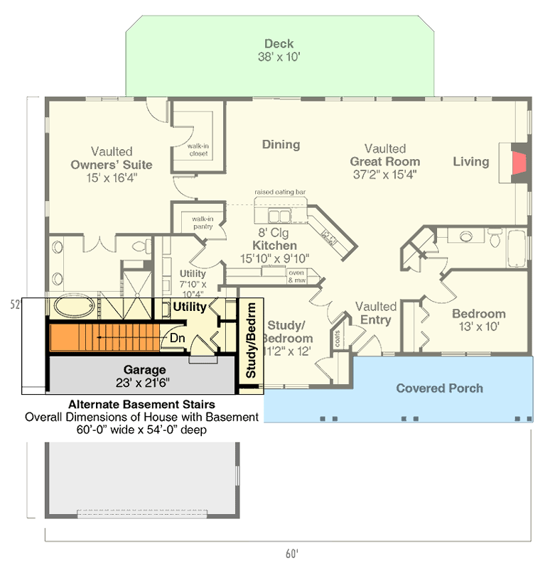 Plan 72676DA: Classic 2 or 3 Bedroom Ranch House Plan with  Vaulted Great Room - 1884 Sq Ft - Floor Plan - Alternate Basement Stairs - Ranch, Traditional