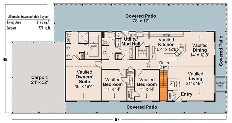 Plan 72772DA: 3 Bed Country Ranch With Wraparound Porch - Floor Plan - Main Level - Basement Stairs Location - Country, Ranch