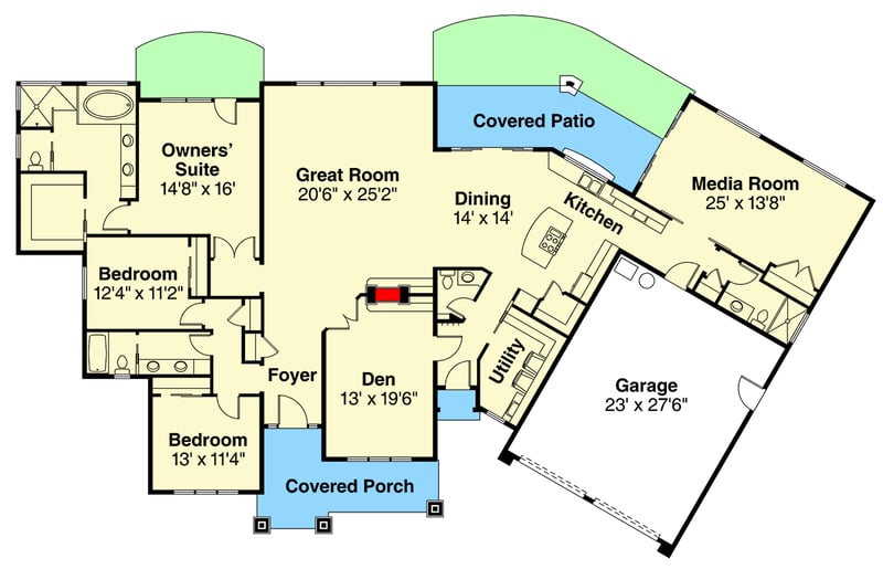 Plan 72835DA: Prairie Ranch House Plan with Private Media Wing and Covered Patio - Floor Plan - Main Level - Northwest, Prairie, Ranch