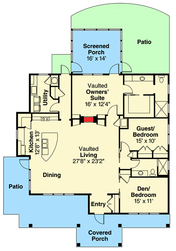 Plan 72838DA: Flexible Bedroom Shingle Style Cottage House Plan - Floor Plan - Main Level - Cottage, Ranch