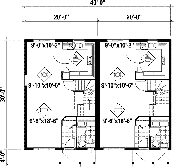 Plan 80576PM: Duplex House Plan with 2 and 3 Bed Units - 1220 Sq Ft - Floor Plan - Main Level - Traditional