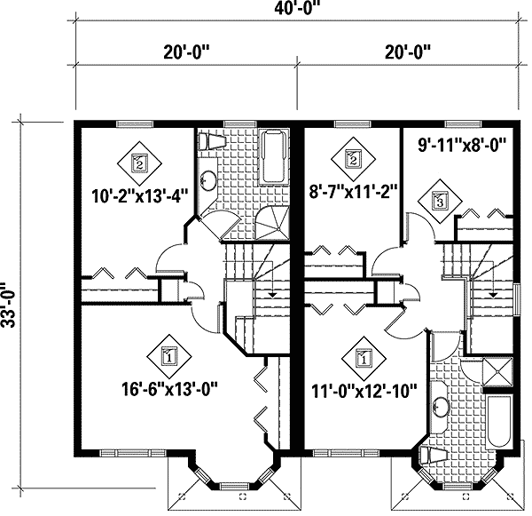 Plan 80576PM: Duplex House Plan with 2 and 3 Bed Units - 1220 Sq Ft - Floor Plan - 2nd Floor - Traditional