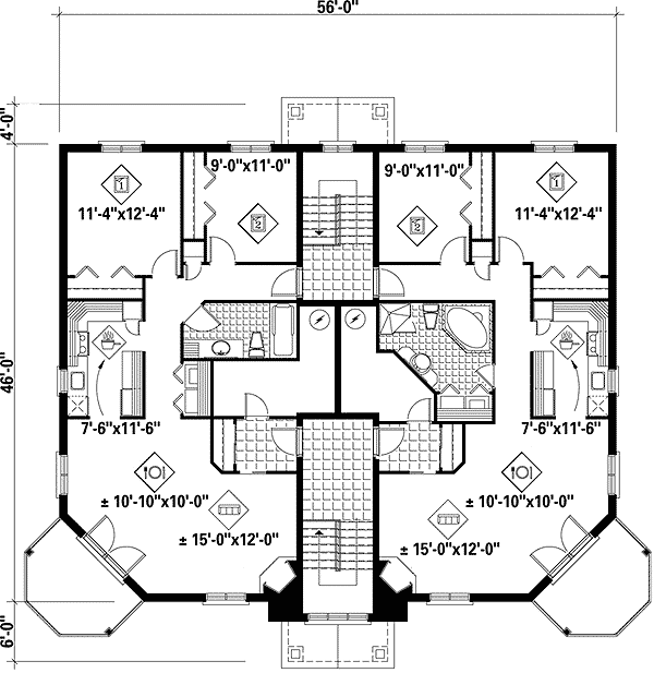 Plan 80591PM: 6 Unit House Plan with 2 Bed 1 Bath Units On Each Floor - 1266 Sq Ft Each Unit - Floor Plan - 2nd Floor - Traditional