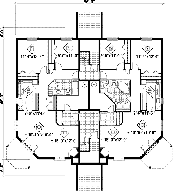 Plan 80591PM: 6 Unit House Plan with 2 Bed 1 Bath Units On Each Floor - 1266 Sq Ft Each Unit - Floor Plan - Basement - Traditional