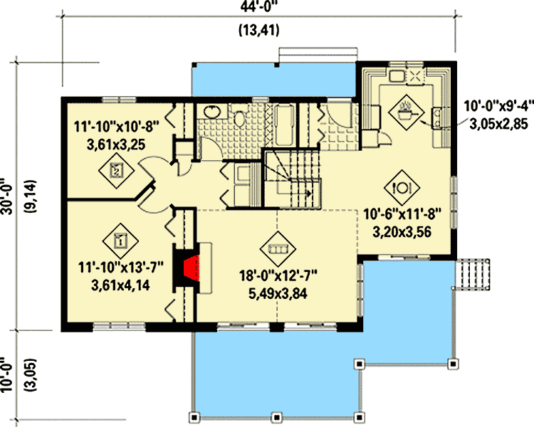 Plan 80676PM: Cottage with 2 Bedrooms and a Spacious Porch Area for a Rear-sloping Lot - Floor Plan - Main Level - Cottage, Country, Vacation