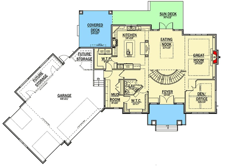 Plan 81617AB: 3820 Square Foot Home Plan with Dramatic Curved Staircase - Floor Plan - Main Level - Contemporary, Northwest, Transitional