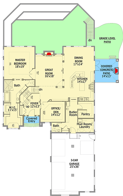 Plan 81643AB: European Home with Courtyard Style Garage - Floor Plan - Main Level - European, Traditional