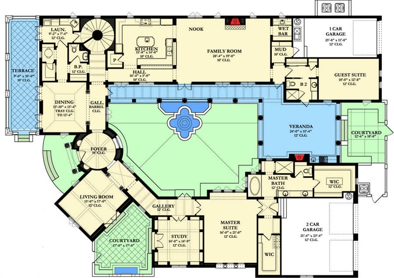 Plan 82002KA: Courtyard Dream Home Plan - Floor Plan - Main Level - European, Spanish
