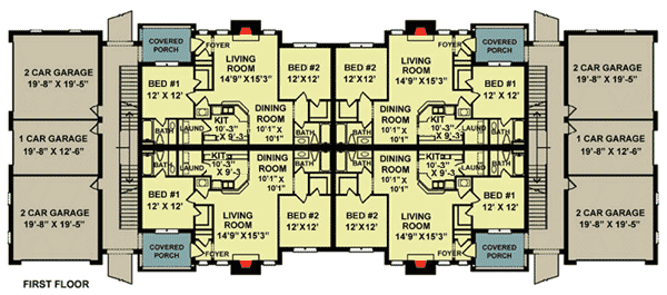 Plan 83119DC: 8 Unit 2-Story Apartment Building - 1038 Sq Ft 2 Bedroom Units - Floor Plan - Main Level - Traditional