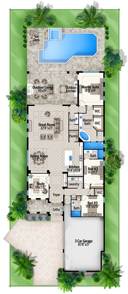 Plan 86014BW: 3 Bed Coastal House Plan with a Study or Home Office - Floor Plan - Main Level - Coastal, Contemporary, Florida-Style, Mediterranean