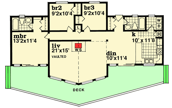 Plan 88119SH: Lake Home Plan with Large Deck - 1230 Sq Ft - Floor Plan - Main Level - Mountain