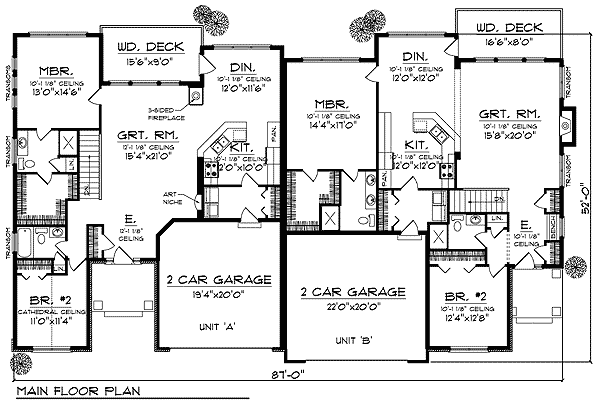 Plan 89253AH: Traditional Ranch Duplex - Floor Plan - Main Level - Ranch, Traditional