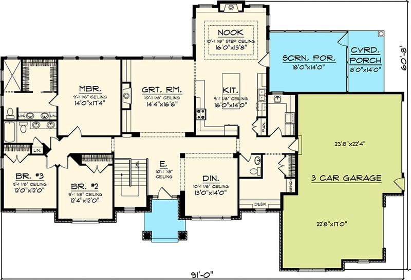 Plan 89828AH: Rambling 3 Bedroom Ranch Home Plan - Floor Plan - Main Level - Craftsman, Ranch, Traditional