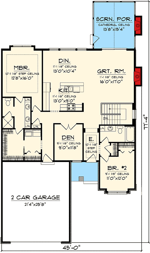 Plan 89861AH: Traditional Two Bedroom with Open Floor Plan - Floor Plan - Main Level - Ranch, Traditional