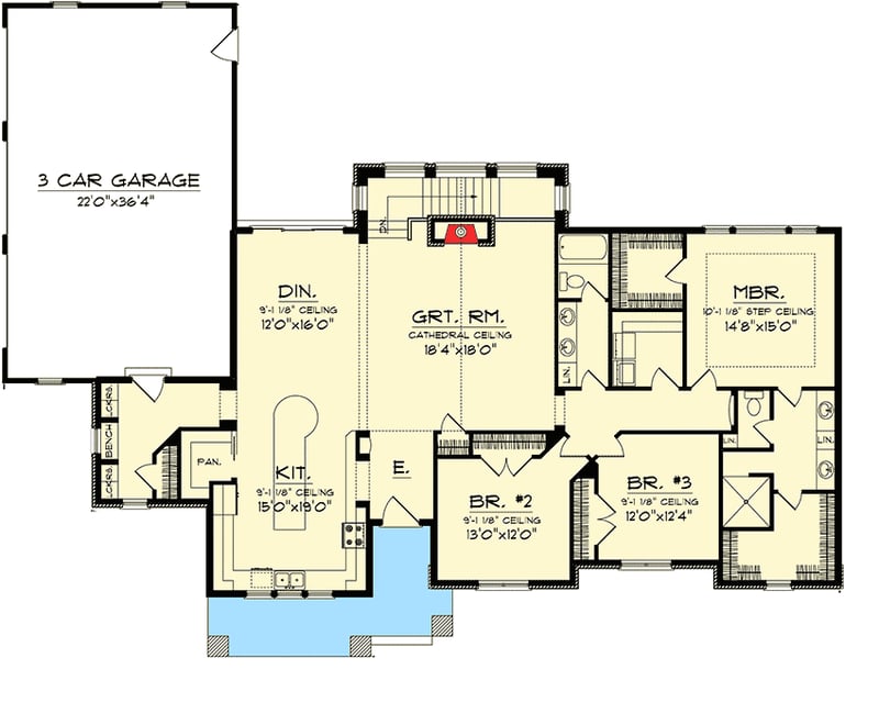 Plan 89888AH: Ranch With Swooping Roof and Shed Dormer - Floor Plan - Main Level - Craftsman, Northwest, Ranch