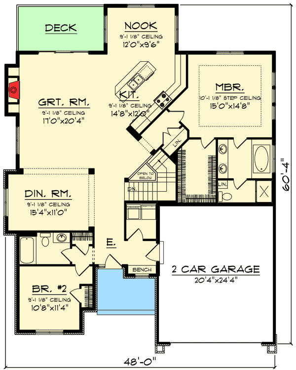 Plan 89957AH: 2 Bed Craftsman Ranch with Angled Kitchen - Floor Plan - Main Level - Craftsman, Northwest, Ranch
