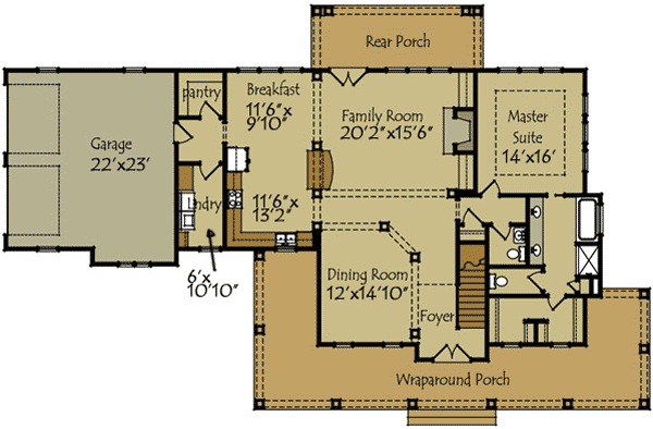 Plan 92349MX: Wraparound Farmhouse Fun - 2622 Sq Ft - Floor Plan - Main Level - Country, Farmhouse, Rustic