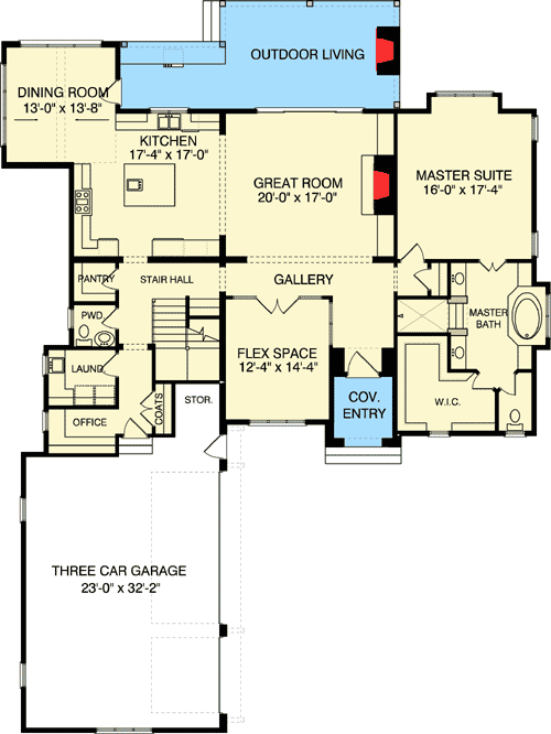 Plan 93002EL: Manor With Main Floor Master - Floor Plan - Main Level - European, Mountain, Traditional