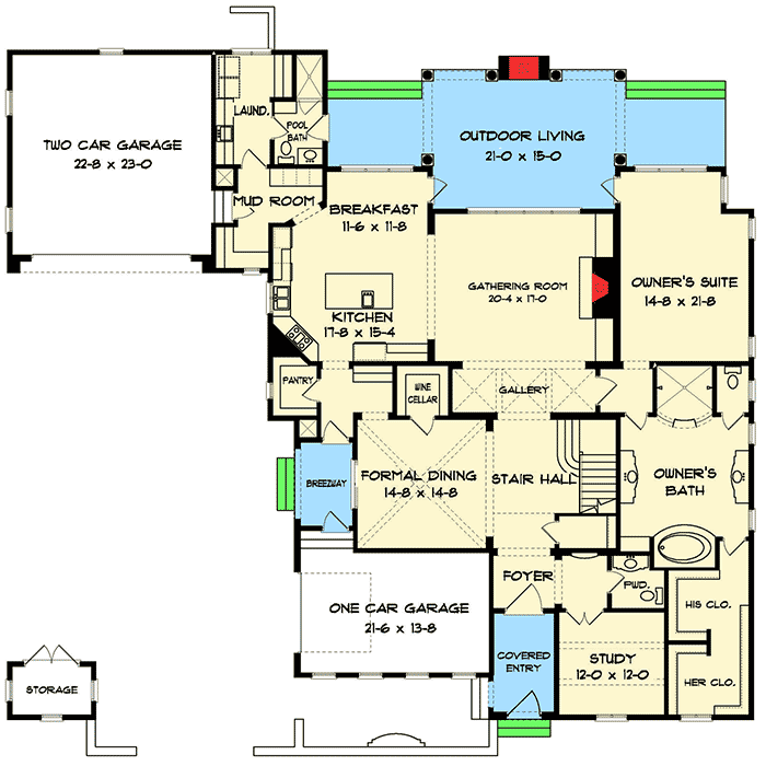 Plan 93089EL: Mediterranean House Plan with Custom Features - Floor Plan - Main Level - Florida-Style, Mediterranean, Spanish