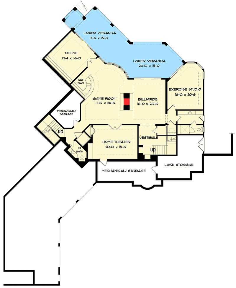 Plan 93091EL: Striking Mediterranean Mansion - Floor Plan - Lower Level - Florida-Style, Mediterranean, Spanish