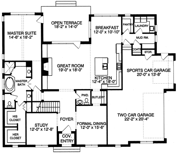Plan 9383EL: European House Plan with 2-Story Great Room - Floor Plan - Main Level - European, Tudor