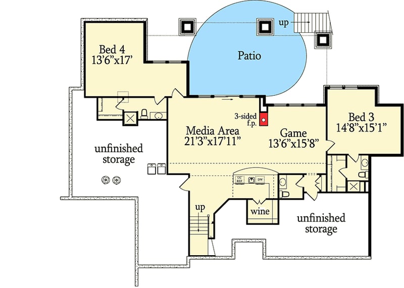 Plan 95013RW: Luxurious Prairie Style Home Plan - Floor Plan - Lower Level - Contemporary, Prairie, Rustic