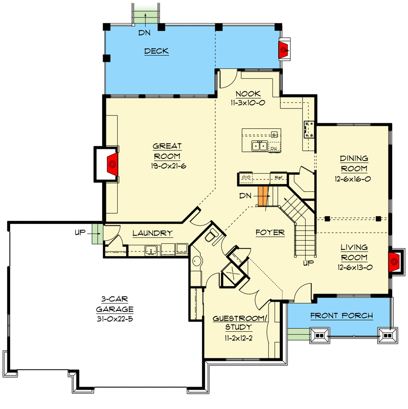 Plan 9511RW: Balcony Bridge to Master Suite - Floor Plan - Main Level - Craftsman, Mountain, Northwest, Rustic