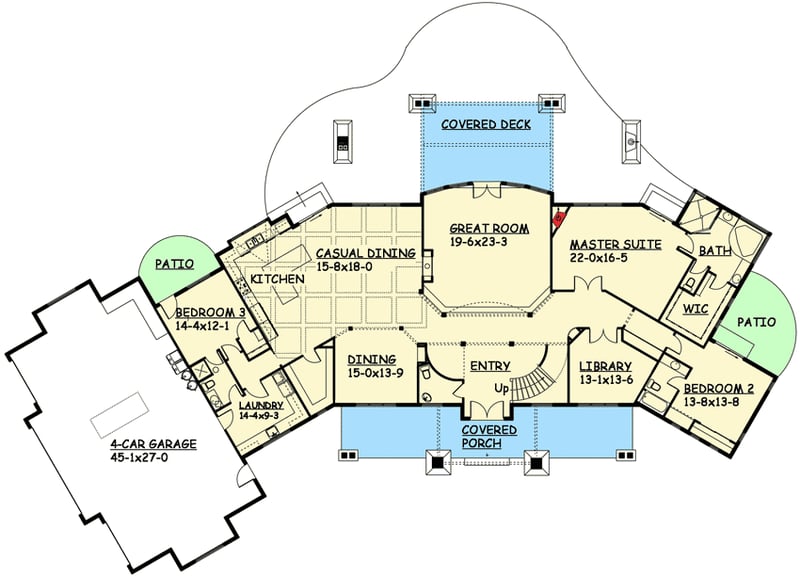 Plan 9531RW: Sweeping Rear Deck with Barrel Roof - Floor Plan - Main Level - Craftsman, Mountain, Rustic