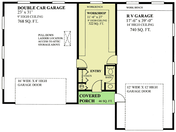 Plan 9831SW: RV Garage With Workshop and Half Bath - Floor Plan - Main Level