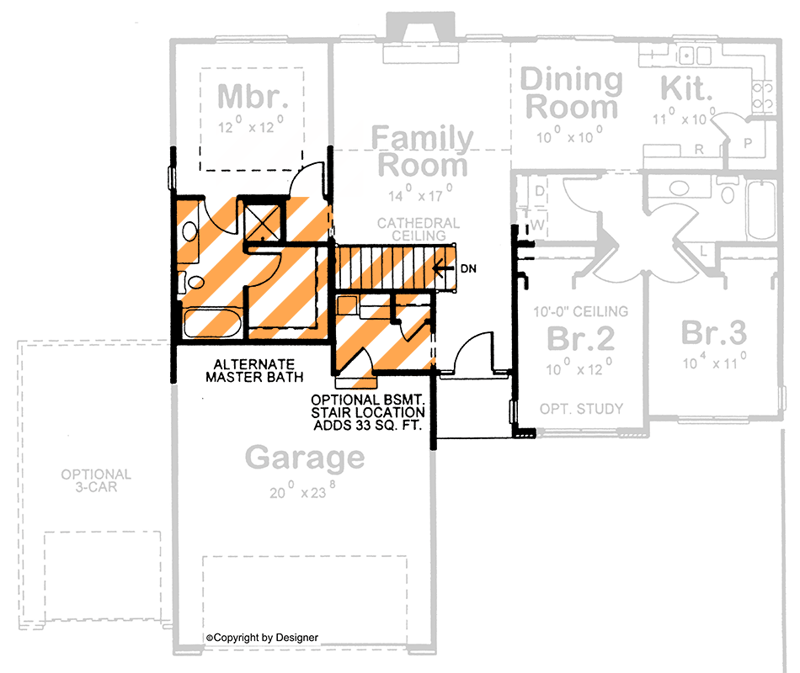 Plan 42746DB: Traditional Ranch House Plan with Split 3 Bedrooms and 2-Car Garage - Floor Plan - Alternate Master Bath and Optional Basement Stairs - Ranch, Traditional