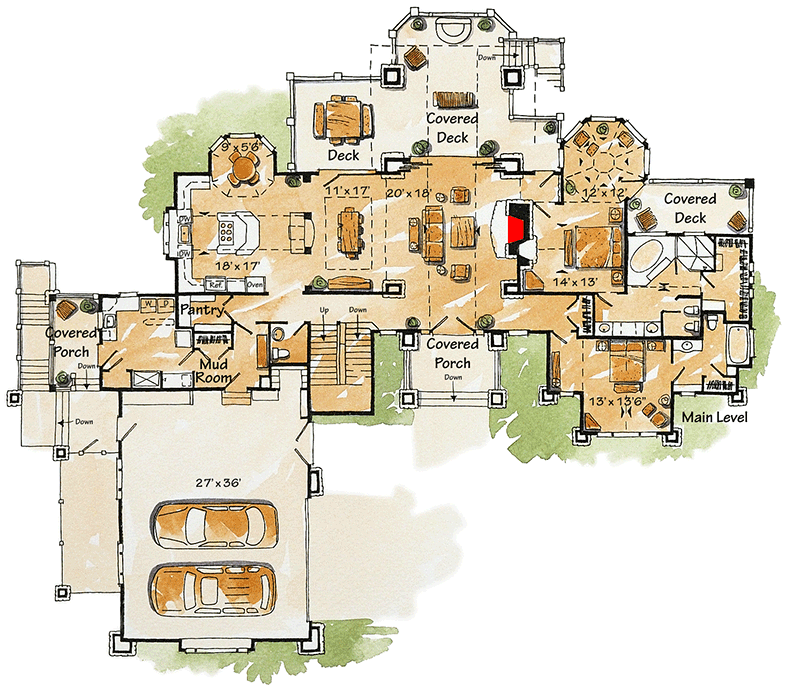 Plan 11571KN: 7-Bed Mountain Lodge with Finished Lower Level - Floor Plan - Main Level - Craftsman, Mountain, Northwest, Rustic, Vacation