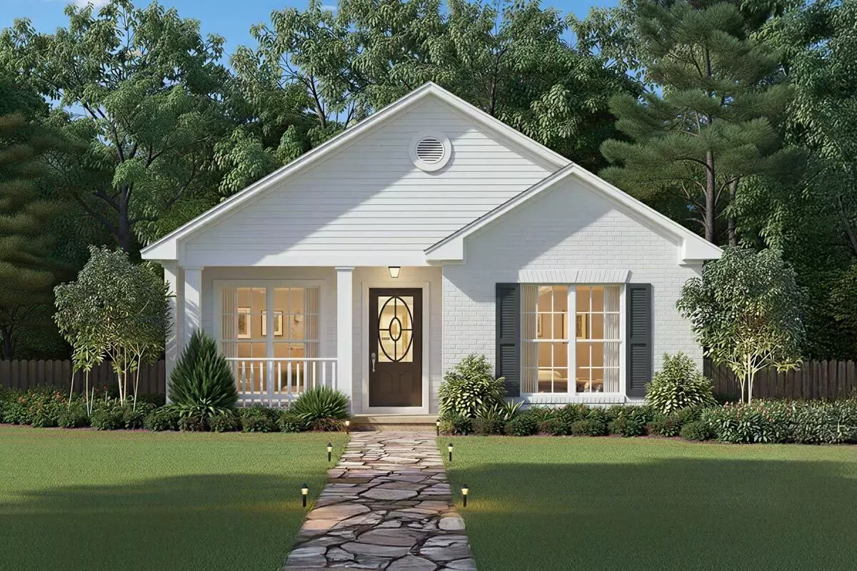 Cozy 2-Bedroom Country Cottage House Plan with Split Bedrooms Under 900 Sq Ft
