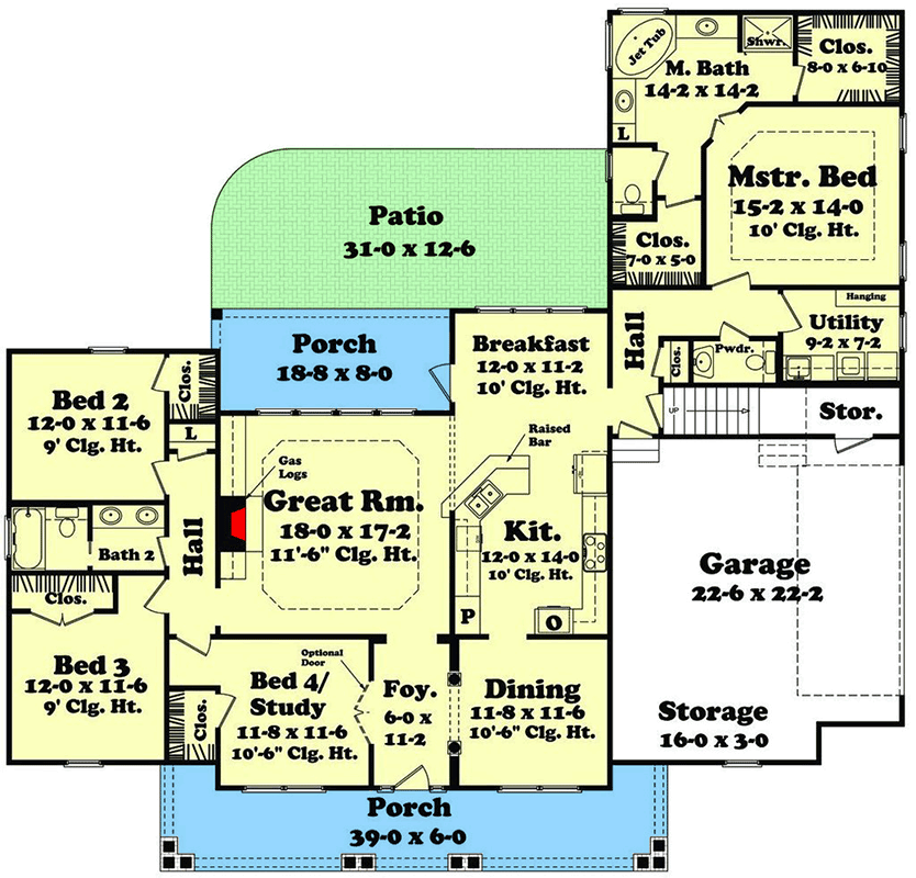 Plan 11747HZ: Traditional Country House Plan with Main Level Master and Bonus Room - Floor Plan - Main Level - Country, Traditional
