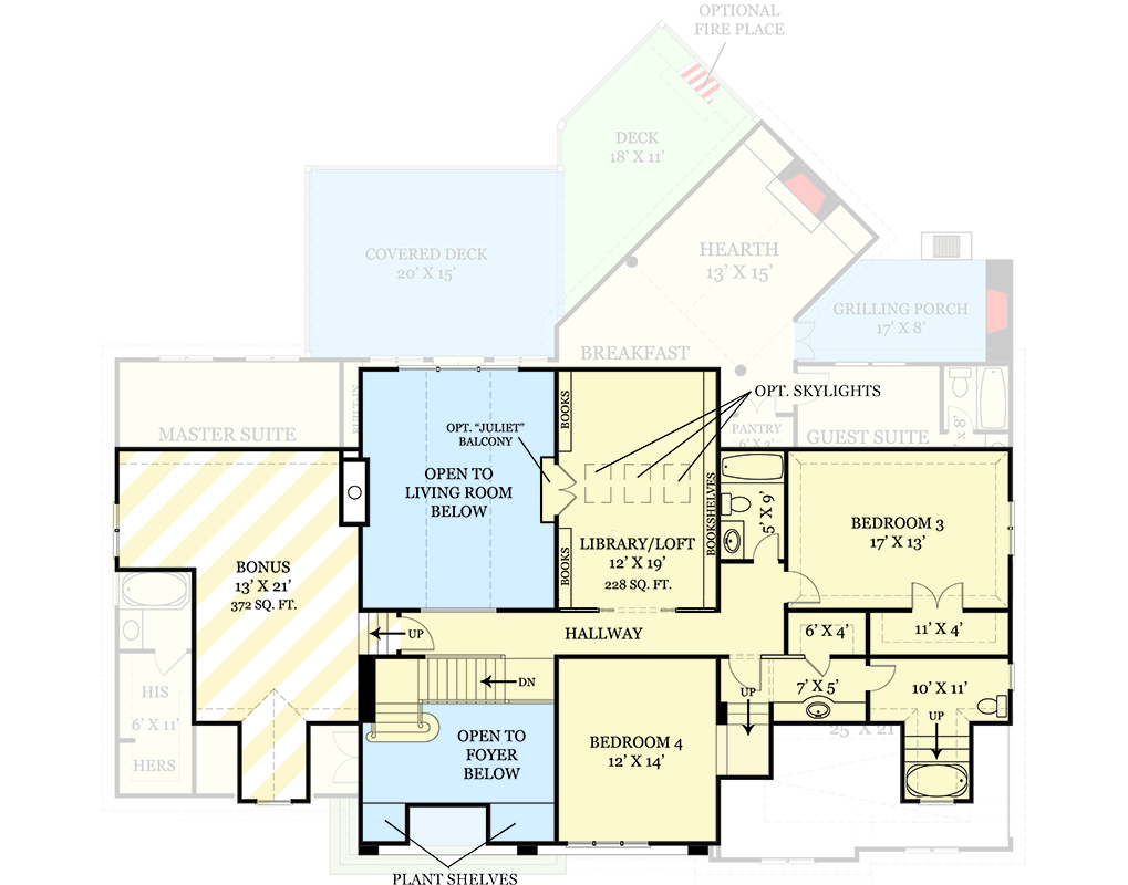 Plan 12221JL: Craftsman New American House Plan with Main-Level Master and Two-Story Great Room - Floor Plan - 2nd Floor - Craftsman, New American, Traditional