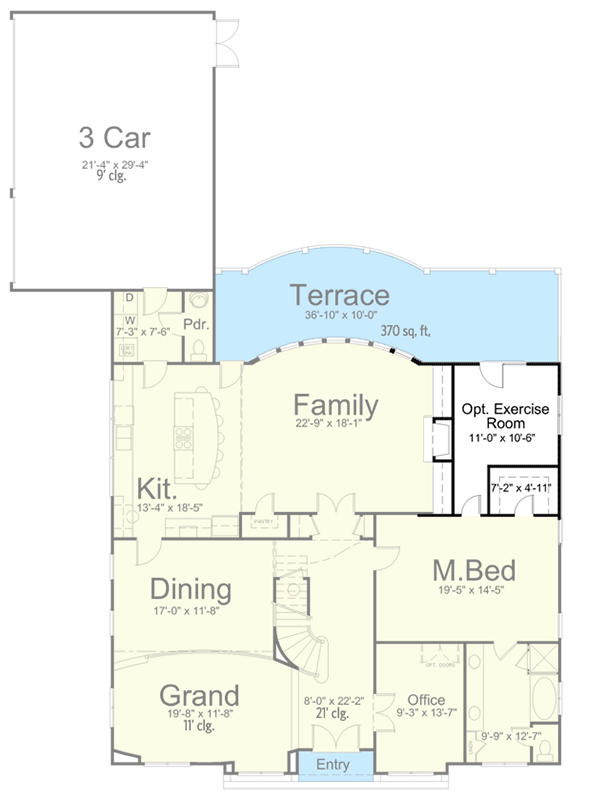 Plan 12282JL: Tuscan Villa with 2 Master Suites and a 3-Car Garage - 3405 Sq Ft - Floor Plan - Main Level - Optional Exercise Room Layout (Included) - European, Mediterranean, Spanish, Tuscan