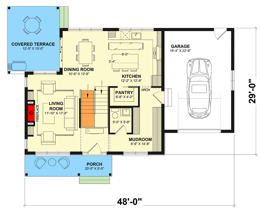 Plan 21002DR: Charming Modern Farmhouse Plan with 3 Bedrooms and Covered Terrace - Floor Plan - Main Level - Country, Farmhouse, Modern Farmhouse
