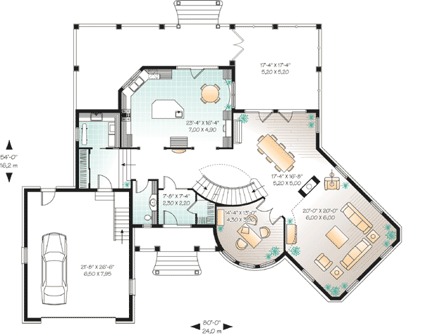 Plan 21543DR: 4 Bed European-Style House Plan with Circular Office in Rounded Turret - 3649 Sq FT - Floor Plan - Main Level - European, Florida-Style, Southern