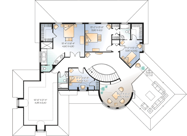 Plan 21543DR: 4 Bed European-Style House Plan with Circular Office in Rounded Turret - 3649 Sq FT - Floor Plan - 2nd Floor - European, Florida-Style, Southern