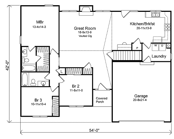 Plan 22013SL: Vaulted Great Room with 3 Beds - Floor Plan - Main Level - Ranch, Southern