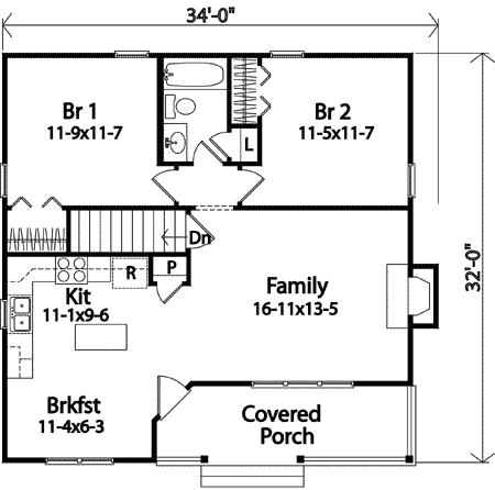 Plan 22082SL: Two-Bed Country Home Plan  - Floor Plan - Main Level - Country