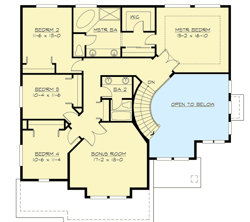Four Bed House Plan with TwoStory Living Room and Bonus Space