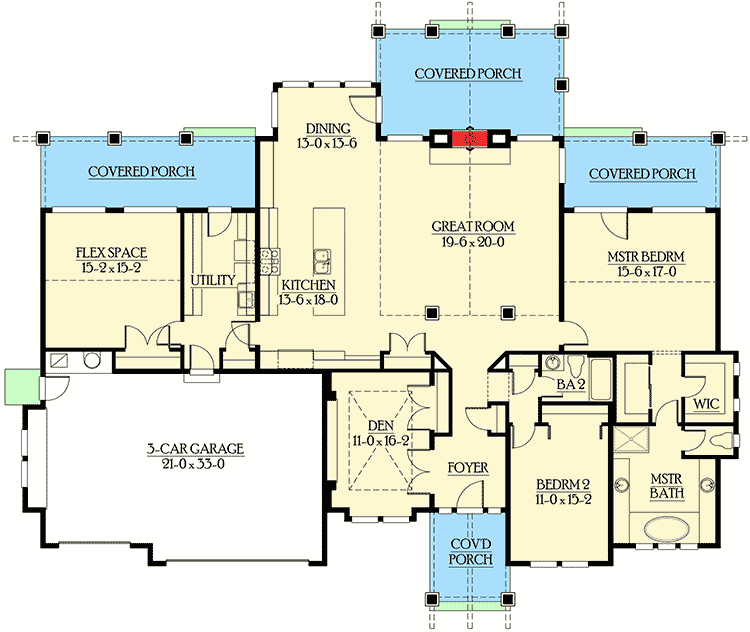 Plan 23232JD: Craftsman Home Plan with 4 Porches and a Flex Room - Floor Plan - Main Level - Craftsman, Mountain, New American, Northwest, Ranch