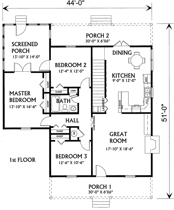 Plan 2538DH: Southern Country Retreat - Floor Plan - Main Level - Cottage, Country, Vacation
