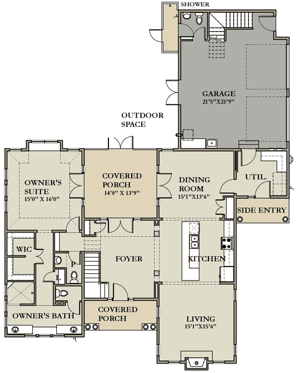 Plan 25400TF: Courtyard Pleaser - Floor Plan - Main Level - Craftsman, Shingle, Traditional